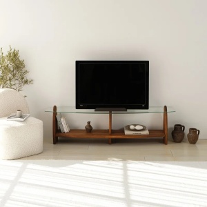Hanah Home comoda TV living 160x35x45 cm, rafturi sticla securizata 100%, cadru pin masiv 100%, castan transparent - Verificat A · Re-Bloom - Img 4