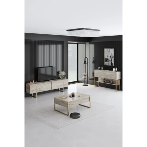 Hanah Home masa consola, PAL melaminat/picioare metal, 120x30x80 cm, grosime 18mm, picioare profil 20x20mm, travertin/auriu - Verificat A · Re-Bloom - Img 6