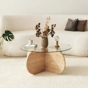 Hanah Home masa de cafea rotunda 75x75x35 cm, blat din sticla calita 100%, cadru PAL 18mm, stejar safir - Verificat A · Re-Bloom - Img 4