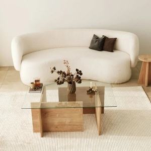 Hanah Home masa de cafea, sticla temperata/ lemn masiv, 105 x 65 x 40 cm, stejar safir - Verificat A · Re-Bloom - Img 5
