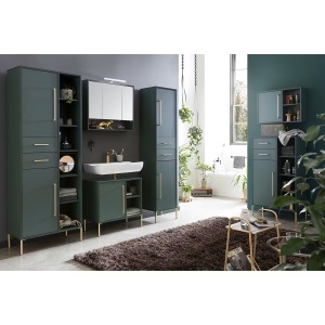 Kent dulap suspendat baie 67x48x16 cm, 1 usa, 2 rafturi, PAL verde padure/antracit, maner auriu - Verificat A · Re-Bloom - Img 2