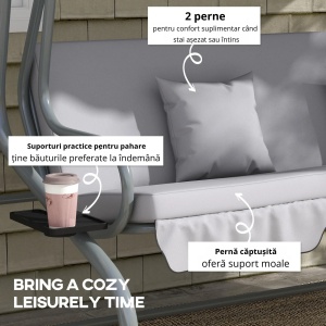 Leagan de gradina cu copertina reglabila si suport pahare Re-Bloom, otel/poliester, 200x120x164 cm, sezut 160x50 cm, pat 160x100 cm, 340 kg, gri - Verificat A · Re-Bloom - Img 6