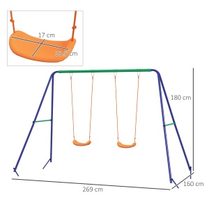 Leagan pentru copii cu 2 scaune, otel/PP, 269x160x180 cm, scaun 33.5x17x9cm/inaltime 45cm, capacitate 45kg/scaun, certificat EN71, varsta 3-8 ani, 4 tarusi inclusi, albastru/verde/portocaliu - Verificat A · Re-Bloom - Img 3