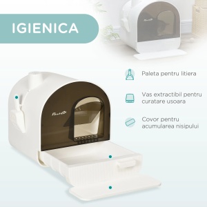 Litiera pentru pisici, cu filtru, lopatica si tava detasabila, polipropilena, alb/negru, 43 x 44 x 47 cm, Resigilat, Grad A - Img 6