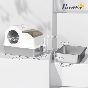 Litiera pisici inchisa 60.5x40.5x42 cm, cuva inox 201, capac basculant, 2 rogojini anti-nisip, lopata inclusa, alb/argintiu - Verificat A · Re-Bloom - Img 3