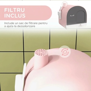 Litiera pisici inchisa cu filtre, lopatica, tavita detasabila, mat nisip, PP, 43x44x47cm, Roz/Gri - Verificat A · Re-Bloom - Img 6