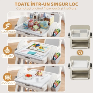 Masa multifunctionala pentru copii cu raft, sertare si tabla, HDPE/PP, masa 88x61x58cm + scaun 40x37x47cm, varsta 2-4 ani, capacitate 10kg masa/30kg scaun, 2 cutii depozitare incluse, gri/alb - Verificat A · Re-Bloom - Img 5