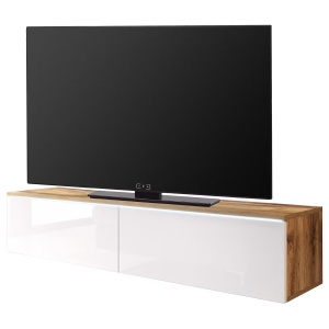 Minnas comoda TV LED 140x30x33 cm, 2 usi cu balamale, PAL alb lucios/stejar Wotan, iluminat integrat - Verificat A · Re-Bloom - Img 1