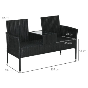 Mobilier de terasa 2 locuri Re-Bloom, ratan PE/otel/sticla/poliester, 135x64x81 cm, masa integrata, 2 perne incluse, 120 kg/loc, negru - Verificat A · Re-Bloom - Img 2
