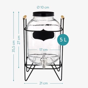 Navaris dozator bauturi sticla sodocalcica cu suport/robinet otel inoxidabil, 5L, recipient Ø9.5x27cm, total 21x18.5x34.5cm, capac filet anti-insecte, transparent - Verificat A · Re-Bloom - Img 2