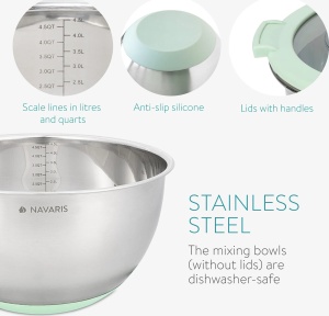 Navaris set 2 boluri otel inoxidabil cu capace + 3 razatoare, bol mediu Ø20x12cm 2.8L + bol mare Ø24x14cm 4.7L, compatibil masina de spalat vase, argintiu/verde menta - Verificat A · Re-Bloom - Img 4