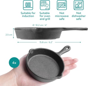 Navaris set 4 mini tigai fonta + 4 suporturi lemn mesteacan, Ø10.2x2.5cm, 426g/tigaie, compatibile inductie/cuptor/gratar, pretratate ulei soia, negru - Verificat A · Re-Bloom - Img 3