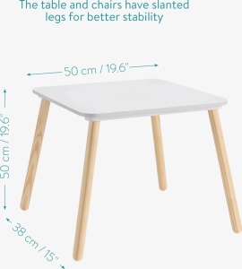 Navaris set masa + 2 scaune copii, MDF/lemn pin, masa 50x50x38cm + scaune 27x27x48cm, 15kg, capacitate 50kg, varsta 3+ ani - Verificat A · Re-Bloom - Img 5