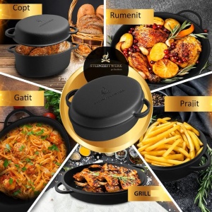 Oala cu capac Steinzeitwerk din fonta, 6 l, 2in1, pentru cuptor, plita, gaz, electric, cu inductie, ovala, 35x25x17 cm, Negru, Resigilat, Grad A - Img 4