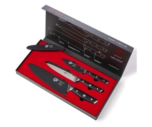 Orient Carbon Series set 3 cutite bucatarie, otel inoxidabil german X50 Ultra+ 56HRC, cutit bucatar 20cm + utilitar 15cm + legume 9.5cm, capace protectie incluse, negru - Verificat A · Re-Bloom - Img 2