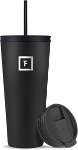 Pahar din otel inoxidabil IRON °FLASK, cu pai si capac, izolat, rece 16 ore / cald 4 ore, negru, 950 ml