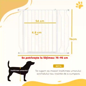 Poarta pentru caini cu latime reglabila 75-95cm, otel/ABS, 76cm inaltime, dublă blocare, kit extensie 10cm inclus, alb - Verificat A · Re-Bloom - Img 3