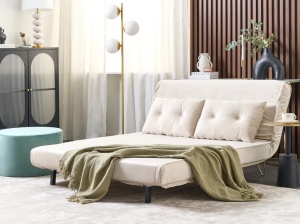 Produs Resigilat Canapea extensibila 2 locuri Re-Bloom Vestfold, catifea/fier, 130x80x81 cm, suprafata dormit 200x130 cm, 2 perne, auriu/bej - Verificat A - Img 5