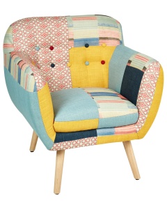 Produs Resigilat Fotoliu Re-Bloom Melby, textil patchwork/placaj cauciuc, 68x59x77 cm, arcuri elicoidale, spuma, 150 kg, multicolor - Verificat A