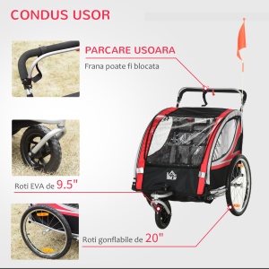 Remorca bicicleta pentru copii Re-Bloom, 2 in 1, otel/tesatura oxford, rosu/gri/negru, 142 x 75 x 101 cm, Resigilat, Grad A - Img 6