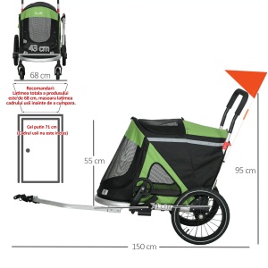 Remorca de bicicleta 2in1 carucior pentru caini pliabil, aluminiu/tesatura Oxford, 150x68x95 cm pliat 94x43x20 cm, roti 6"/16", capacitate 30kg, potrivita caini pana la 20kg/49cm, verde/negru - Verificat A · Re-Bloom - Img 3