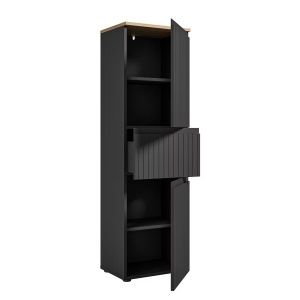 Rookerie dulap de baie 60x136x31 cm, 2 usi, 1 sertar, 2 rafturi, MDF/PAL negru mat cu accente stejar - Verificat A · Re-Bloom - Img 4
