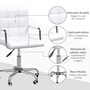 Scaun birou alb captusit, reglabil pe inaltime, roti antiderapante, piele PU, fier zincat, 52.5x54x84-99cm - Verificat A · Re-Bloom - Img 5