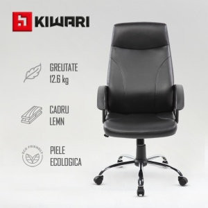 Scaun birou Kiwari® Yu, suprafata PU+PVC, brate PP, mecanism de inclinare, piston cu gaz negru cu capac PP, baza cromata, roti din nylon, Negru, Resigilat, Grad A - Img 5