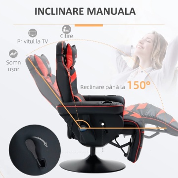 Scaun gaming cu masaj 6 puncte 78x80x111.5 cm, inclinare 150°, suport picioare, piele ecologica, baza otel 360°, negru si rosu - Verificat A · Re-Bloom - Img 6