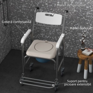 Scaun WC cu Rotile Re-Bloom, pentru varstnici/persoane cu dizabilitati, aluminiu/HDPE/PP/piele ecologica, albastru/alb/argintiu, 84 x 54 x 96 cm, Resigilat, Grad A - Img 5