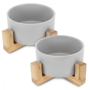 Set 2 Boluri pentru pisici si caini cu suport din bambus Navaris, 550 ml, Gri, 48350.1.22, Resigilat, Grad A
