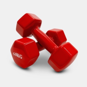 Set 2 gantere Athletos®, 2 x 6 kg, interior fonta, acoperire vinil, forma hexagonala, pentru antrenament cu greutati si fitness, Rosu, Resigilat, Grad A