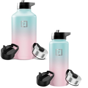 Set 2 Sticle termice 1800 & 950 ml, otel inoxidabil IRON °FLASK, 3 capace, rece 24 ore / cald 12 ore, izolata, roz/albastru deschis, fara BPA,