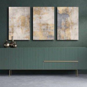 Set 3 tablouri decorative canvas, 3x45x70 cm, dimensiune totala 145x70 cm, panza 100% 2.8mm, cadru lemn pin 100%, gri/auriu - Verificat A · Re-Bloom