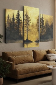 Set 3 tablouri decorative canvas model padure, 2x40x60 cm + 1x40x90 cm, panza 100%/lemn 3cm, auriu/negru - Verificat A · Re-Bloom - Img 1