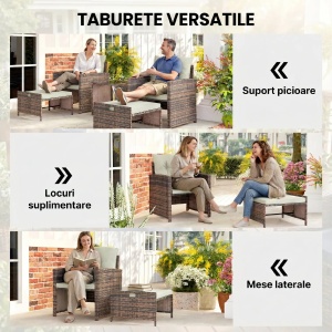 Set de gradina 5 piese, ratan PE/otel/sticla/poliester, 2 fotolii 62x65x75cm + 2 taburete 52x50x35cm + masa 45x45x49cm, perne 5/8cm incluse, capacitate 120kg fotoliu/30kg masa, maro/crem/negru - Verificat A · Re-Bloom - Img 6