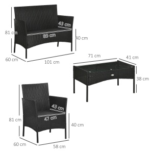 Set gradina 4 piese Re-Bloom, otel/ratan PE/poliester/sticla, 2 scaune 58x60x81 cm + fotoliu 2 locuri 101x60x81 cm + masa 71x41x38 cm, negru/crem - Verificat A · Re-Bloom - Img 3