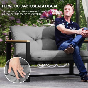 Set gradina Re-Bloom, otel/poliester/spuma PP, canapea 114x70x67 cm + 2 fotolii 60x70x67 cm + masa 65x42x35 cm, 3 perne incluse, gri deschis/negru - Verificat A · Re-Bloom - Img 4