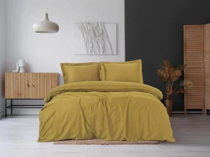 Set husa pilota + fata de perna, satin bumbac 100%, 135x200 cm + 80x80 cm, galben mustar - Verificat A · Re-Bloom