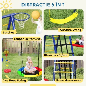Set leagan de gradina 6in1 pentru copii, otel/PE/PP, 350x183x200 cm, leagan cuib Ø100cm + leagan centura + plasa catarare 220x50cm + leagan franghie + cos baschet Ø38cm, capacitate 40kg/scaun 160kg total, varsta 3-8 ani, certificat EN71, 4 tarusi inclusi, - Img 4
