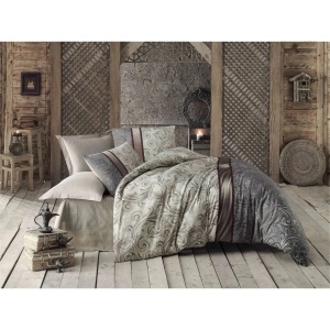 Set lenjerie pat single, 65% bumbac/35% poliester, husa pilota 160x220 cm + cearsaf 160x240 cm + fata de perna 50x70 cm, gri/bej - Verificat A · Re-Bloom