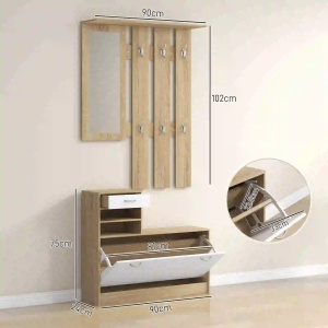 Set mobilier hol Re-Bloom, PAL, cuier 90x10x91 cm + raft pantofi 90x24x75 cm + oglinda 25x70 cm + 2 rafturi reglabile, 10/30 kg, alb/stejar - Verificat A · Re-Bloom - Img 2