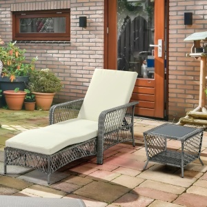 Set sezlong rattan PE cu masuta de cafea, otel/rattan PE/poliester, sezlong 74x192x31-88cm + masuta 45x45x42cm, spatar 5 niveluri, 2 roti, blat sticla calita, perna cu husa lavabila, capacitate 160kg, gri/crem - Verificat A · Re-Bloom - Img 2