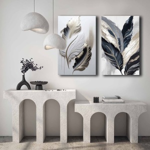 Set tablou decorativ Re-Bloom, 2 piese, model frunze, panza/lemn, multicolor, 45 x 70 cm - Img 4