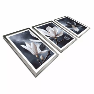 Set tablou decorativ Re-Bloom, 3 piese, model floral, MDF/lemn, gri/alb, 38 x 53 cm - Img 1