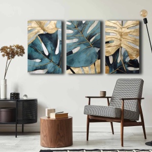 Set tablou decorativ Re-Bloom, 3 piese, panza/lemn masiv, albastru/auriu, 145 x 70 cm - Img 1