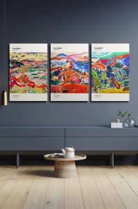 Set tablou decorativ Re-Bloom, 3 piese, panza/lemn, multicolor, 50 x 70 cm