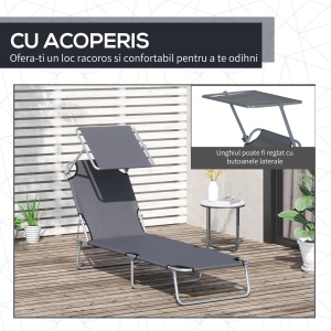Sezlong cu parasolar, pliabil, panza Oxford/otel, gri, 187 x 58 x 50 cm, Resigilat, Grad A - Img 5