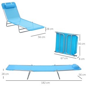 Sezlong pliabil cu spatar reglabil si perna, otel/plasa, 182x56x28 cm pliat 67x57x8 cm, 6 pozitii 90-180°, capacitate 120kg, albastru/argintiu - Verificat A · Re-Bloom - Img 3