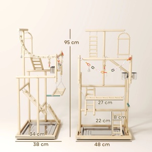 Suport de joaca pentru papagali, lemn de pin/otel inoxidabil, 48x38x95 cm, tava detasabila, scari, boluri, leagan, stinghii, pentru perusi/nimfe/conuri, lemn natural - Verificat A · Re-Bloom - Img 3